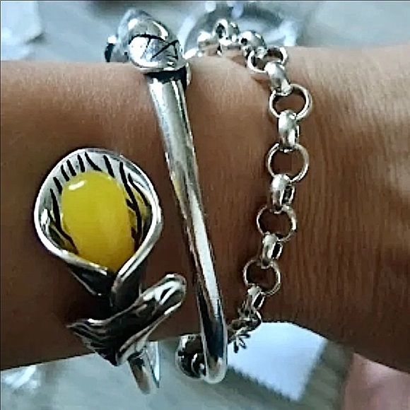 STERLING SILVER HANDMADE VINTAGE JADE FLOWER BANGLE BRACELET - Picture 11 of 13